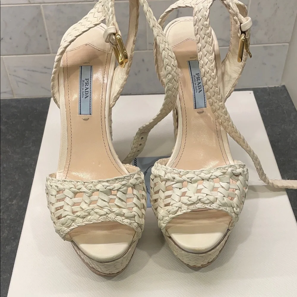 Prada Cream Woven Platform Wedge Sandals